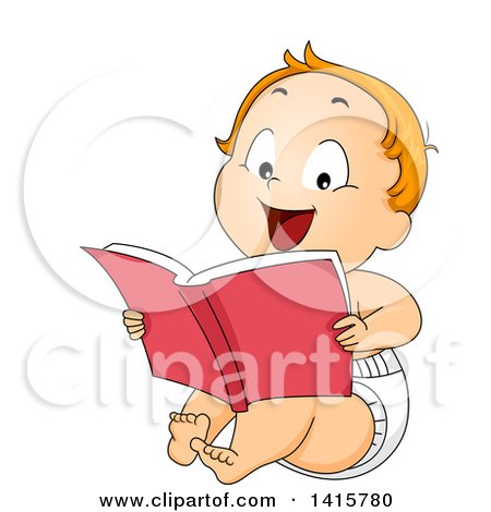Clipart of a Red Haired Caucasian Baby Boy Reading a Book - Royalty Free Vector Illustration by BNP Design Studio