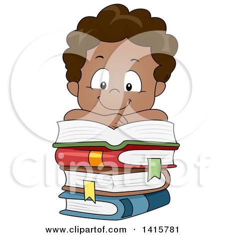 Clipart of a Happy Black Boy Reading and Resting on a Stack of Books - Royalty Free Vector Illustration by BNP Design Studio