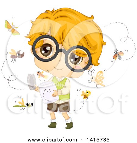 Clipart of a Caucasian Boy with Glasses, Relasing Bugs - Royalty Free Vector Illustration by BNP Design Studio