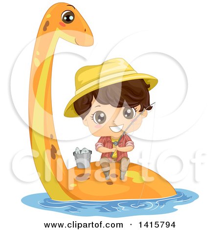 Clipart of a Brunette Caucasian Boy Fishing on the Back of a Pliosaur Dinosaur - Royalty Free Vector Illustration by BNP Design Studio