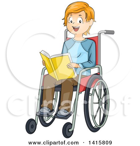 Clipart of a Red Haired White Boy Sitting in a Wheelchair and Reading a Book - Royalty Free Vector Illustration by BNP Design Studio