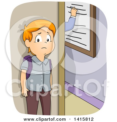 Clipart of a Red Haired White School Boy Waiting Outside a Classroom, Being Punished for Being Late - Royalty Free Vector Illustration by BNP Design Studio