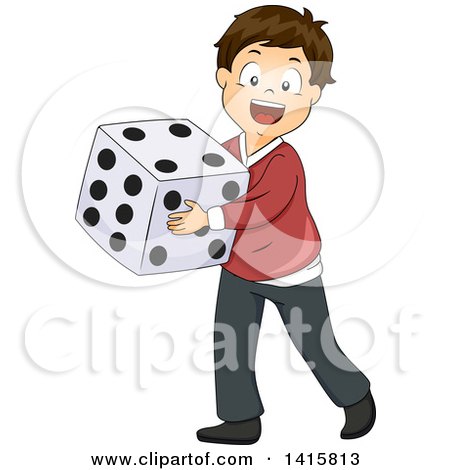 Clipart of a Brunette White Boy Carrying a Giant Die - Royalty Free Vector Illustration by BNP Design Studio