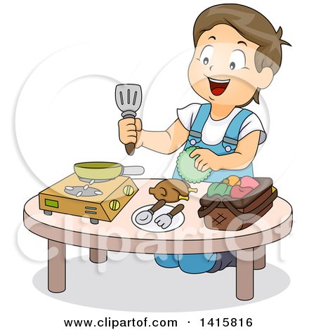 Clipart of a Brunette White Boy Playing with Toy Kitchen Items - Royalty Free Vector Illustration by BNP Design Studio