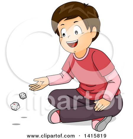 Clipart of a Brunette White Boy Sitting on the Ground and Tossing Dice - Royalty Free Vector Illustration by BNP Design Studio