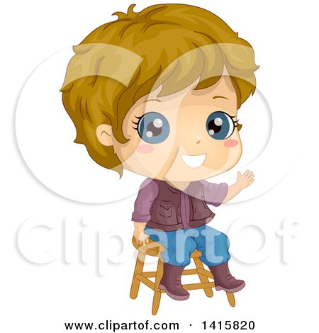 Clipart of a Dirty Blond White Boy Sitting on a Stool and Waving - Royalty Free Vector Illustration by BNP Design Studio