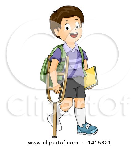 Clipart of a Brunette White School Boy Walking with a Crutch - Royalty Free Vector Illustration by BNP Design Studio