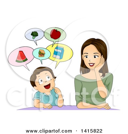 Clipart of a Brunette Caucasian Mother and Son Talking About Healthy Food - Royalty Free Vector Illustration by BNP Design Studio