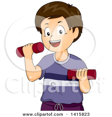 Clipart of a Brunette White Boy Working out with Dumbbells - Royalty Free Vector Illustration by BNP Design Studio
