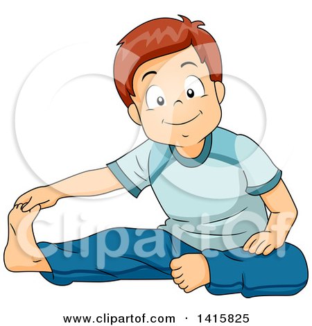 Clipart of a Caucasian Boy Doing Stretches, Touching His Toes - Royalty Free Vector Illustration by BNP Design Studio