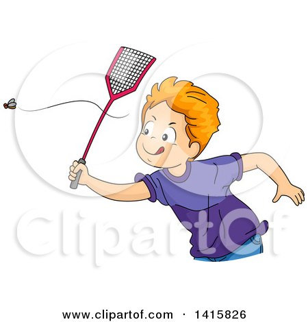 Clipart of a Red Haired Caucasian Boy Chasing a Fly with a Swatter - Royalty Free Vector Illustration by BNP Design Studio
