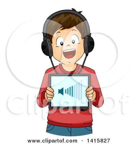 Clipart of a Brunette Caucasian Boy Increasing the Volume on a Tablet - Royalty Free Vector Illustration by BNP Design Studio