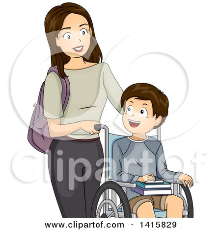Clipart of a Brunette Caucasian Mother Pushing Her Disabled Son in a Wheelchair - Royalty Free Vector Illustration by BNP Design Studio