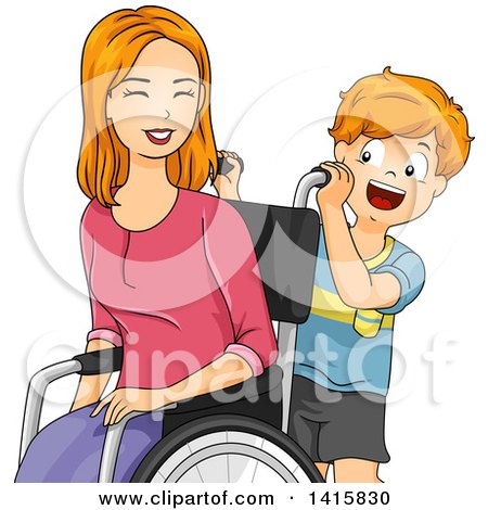 Clipart of a Red Haired Caucasian Son Helping His Mom in a Wheelchair - Royalty Free Vector Illustration by BNP Design Studio