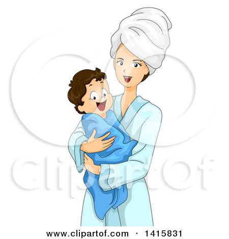 Clipart of a Caucasian Mother and Son Wrapped in a Robe and Towel After a Bath - Royalty Free Vector Illustration by BNP Design Studio