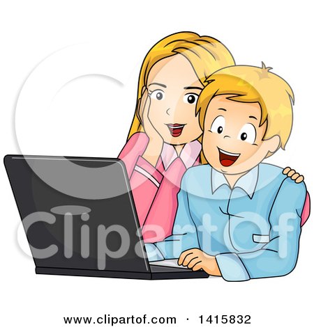 Clipart of a Happy Caucasian Mother and Son Using a Laptop Computer - Royalty Free Vector Illustration by BNP Design Studio