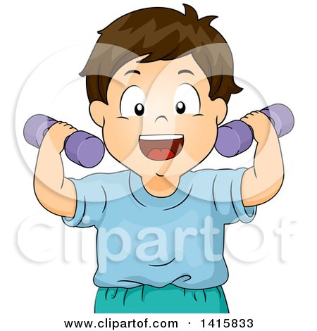 Clipart of a Brunette White Boy Exercising with Dumbbells - Royalty Free Vector Illustration by BNP Design Studio
