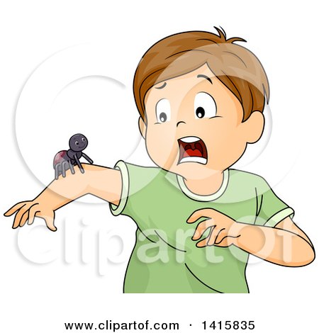 Clipart of a Brunette White Boy Screaming About a Spider on His Arm - Royalty Free Vector Illustration by BNP Design Studio