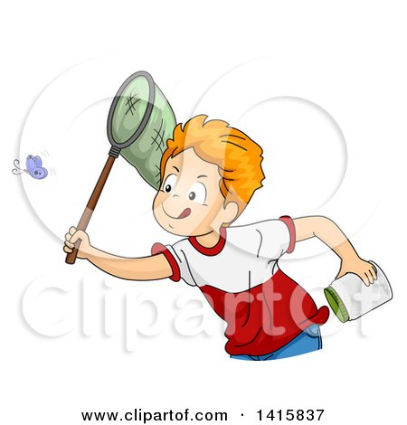 Clipart of a Red Haired White by Trying to Catch a Butterfly with a Net - Royalty Free Vector Illustration by BNP Design Studio