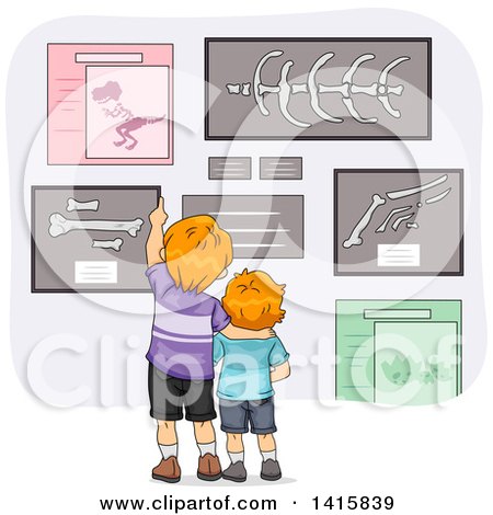 Clipart of a Rear View of Red Haired Caucasian Brothers Looking at Dinosaur Bones in a Museum - Royalty Free Vector Illustration by BNP Design Studio