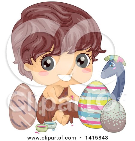 Clipart of a Caveman Boy Painting Dinosaur Eggs for Easter - Royalty Free Vector Illustration by BNP Design Studio