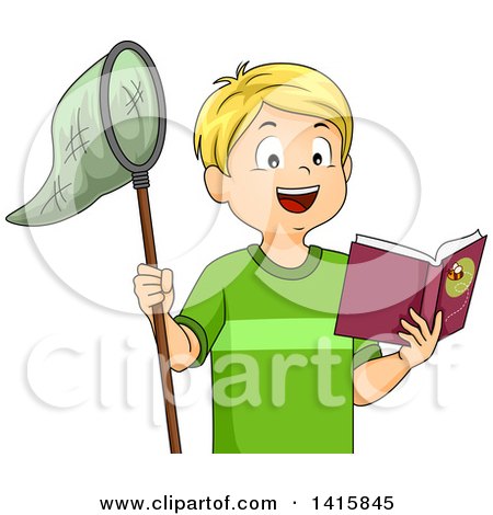 Clipart of a Blond Caucasian Boy Reading a Book About How to Catch Butterflies - Royalty Free Vector Illustration by BNP Design Studio
