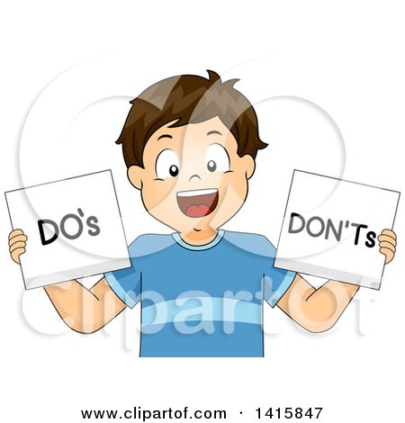 Clipart of a Brunette Caucasian School Boy Holding Dos and Donts Signs - Royalty Free Vector Illustration by BNP Design Studio