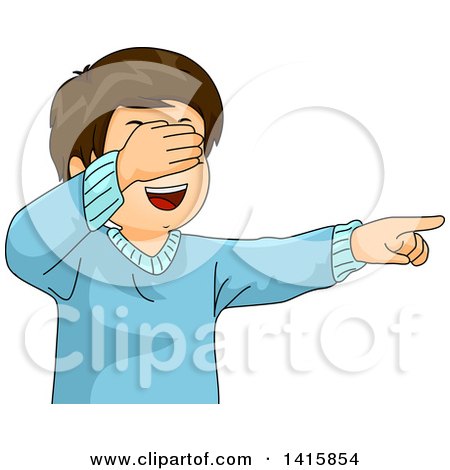 Clipart of a Happy Caucasian Boy Covering His Eyes and Pointing While Playing Hide and Seek - Royalty Free Vector Illustration by BNP Design Studio
