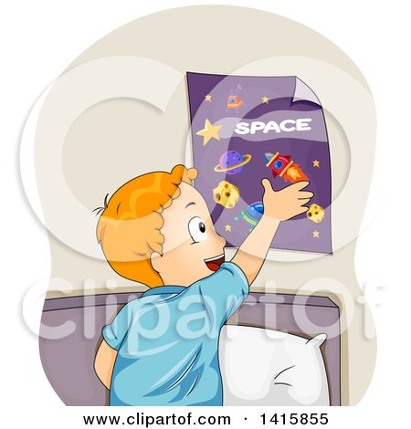 Clipart of a Red Haired Caucasian Boy Hanging a Space Poster on His Wall - Royalty Free Vector Illustration by BNP Design Studio