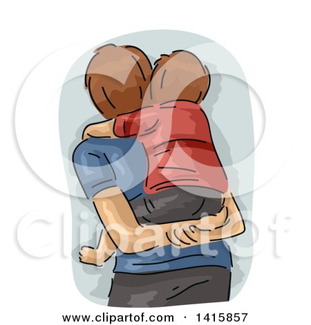 Clipart of a Sketched Rear View of a Father Giving His Son a Piggy Back Ride - Royalty Free Vector Illustration by BNP Design Studio