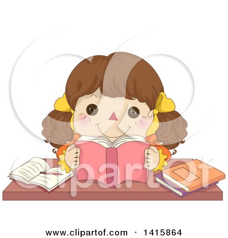 Clipart of a Brunette Doll Reading a Book and Studying - Royalty Free Vector Illustration by BNP Design Studio