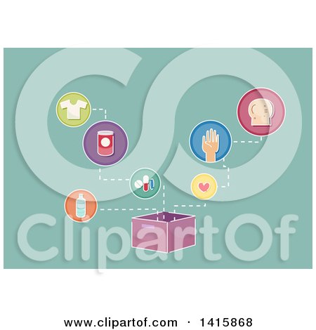 Clipart of a Donation Box with Items Connected to It, over Green - Royalty Free Vector Illustration by BNP Design Studio