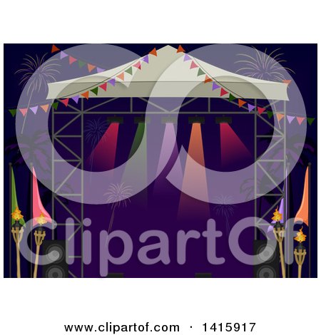 Clipart of a Stage Set up on the Beach, with Fireworks and Tiki Torches - Royalty Free Vector Illustration by BNP Design Studio