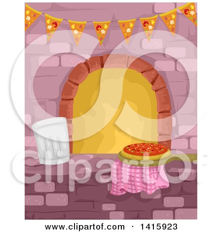 Clipart of a Chef Toque Hat and Pizza on a Counter near a Brick Oven - Royalty Free Vector Illustration by BNP Design Studio