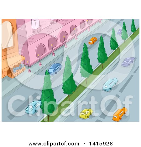 Clipart of a Sketched View of Cars on a City Street - Royalty Free Vector Illustration by BNP Design Studio