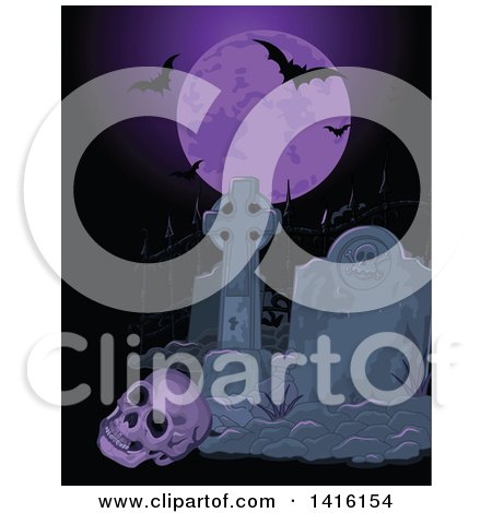 Clipart of a Purple Full Moon with Bats over a Human Skull in a Dark Cemetery - Royalty Free Vector Illustration by Pushkin