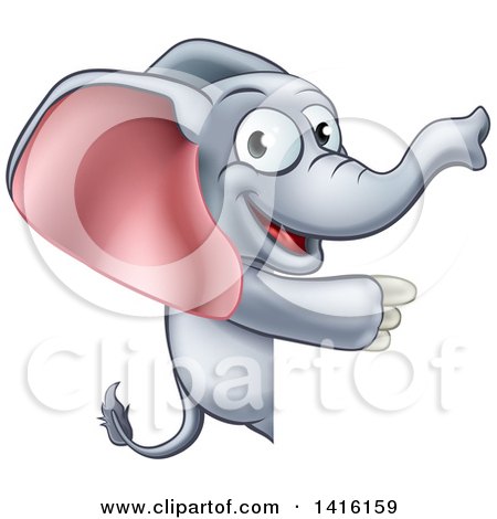 Clipart of a Cartoon Happy Elephant Pointing Around a Sign - Royalty Free Vector Illustration by AtStockIllustration