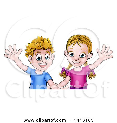 Clipart of a Cartoon Caucasian Brother and Sister Waving - Royalty Free Vector Illustration by AtStockIllustration