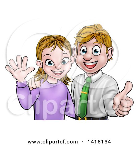 Clipart of a Cartoon Young Caucasian Couple Waving and Giving a Thumb up - Royalty Free Vector Illustration by AtStockIllustration