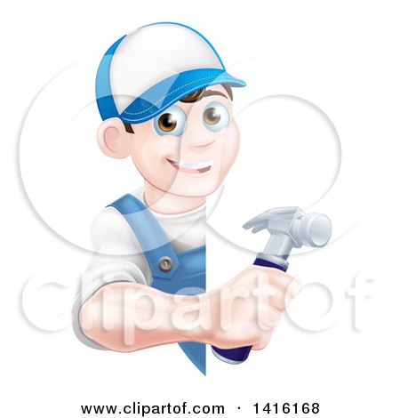 Clipart of a Happy Young Brunette Caucasian Worker Man Holding a Hammer Around a Sign - Royalty Free Vector Illustration by AtStockIllustration