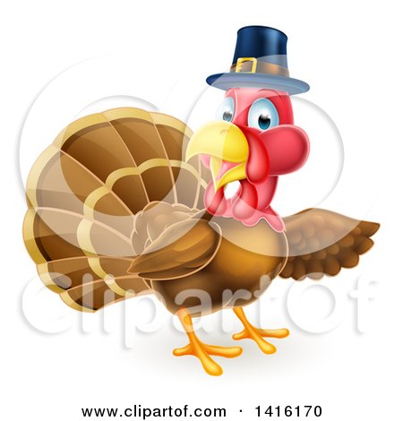 Clipart of a Thanksgiving Turkey Bird Wearing a Pilgrim Hat and Presenting - Royalty Free Vector Illustration by AtStockIllustration