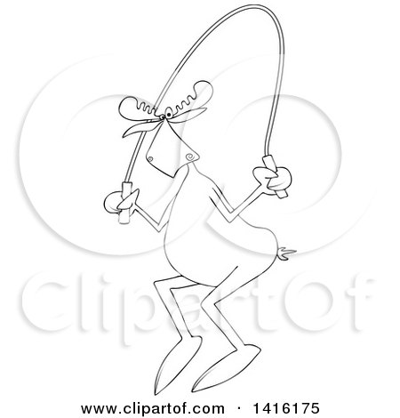 Clipart of a Cartoon Black and White Lineart Moose Exercising with a Jump Rope - Royalty Free Vector Illustration by djart