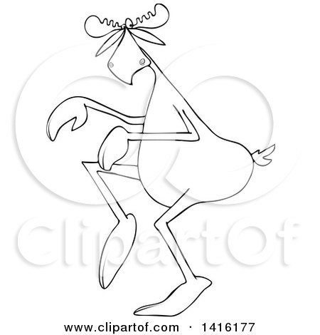 Clipart of a Cartoon Black and White Lineart Moose Sneaking Around - Royalty Free Vector Illustration by djart