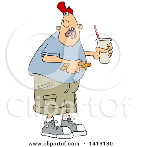 Clipart of a Cartoon Caucasian Man Shouting over His Shoulder and Holding a Fountain Soda and Hot Dog - Royalty Free Vector Illustration by djart
