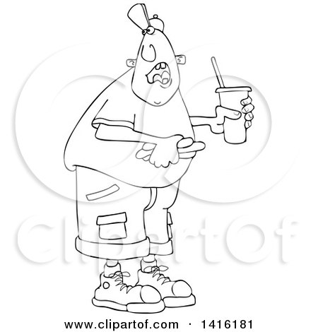 Clipart of a Cartoon Black and White Lineart Man Shouting over His Shoulder and Holding a Fountain Soda and Hot Dog - Royalty Free Vector Illustration by djart