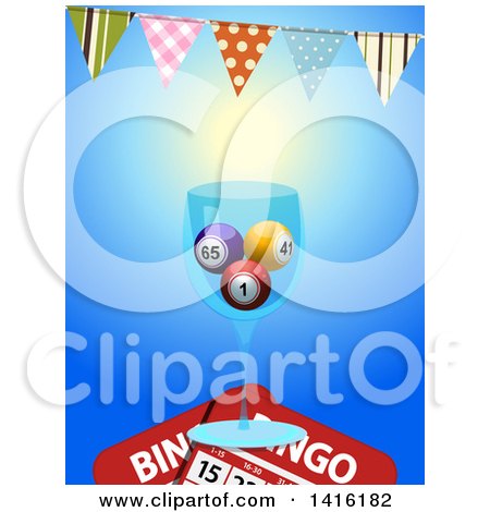 Clipart of a 3d Glass with Bingo Balls and Cards Under a Bunting Party Banner on Blue - Royalty Free Vector Illustration by elaineitalia