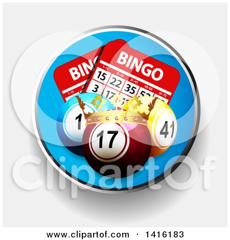 Clipart of a Circle with 3d Bingo Balls and Cards and a Crown over Shaded White - Royalty Free Vector Illustration by elaineitalia