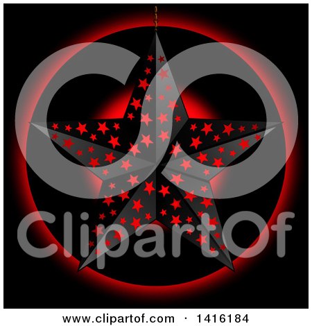 Clipart of a 3d Black Star with Holes over a Circle with Glowing Red Light on Black - Royalty Free Vector Illustration by elaineitalia