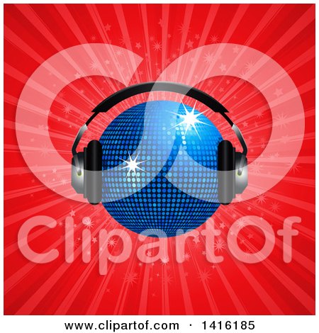Clipart of a 3d Sparkly Blue Disco Ball Wearing Music Headphones over a Red Burst - Royalty Free Vector Illustration by elaineitalia