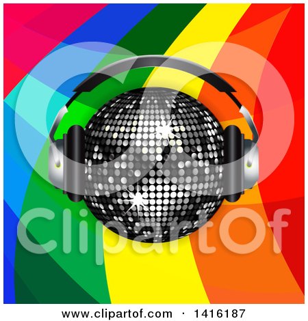 Clipart of a 3d Sparkly Black Disco Ball Wearing Music Headphones over a Rainbow Curve Background - Royalty Free Vector Illustration by elaineitalia